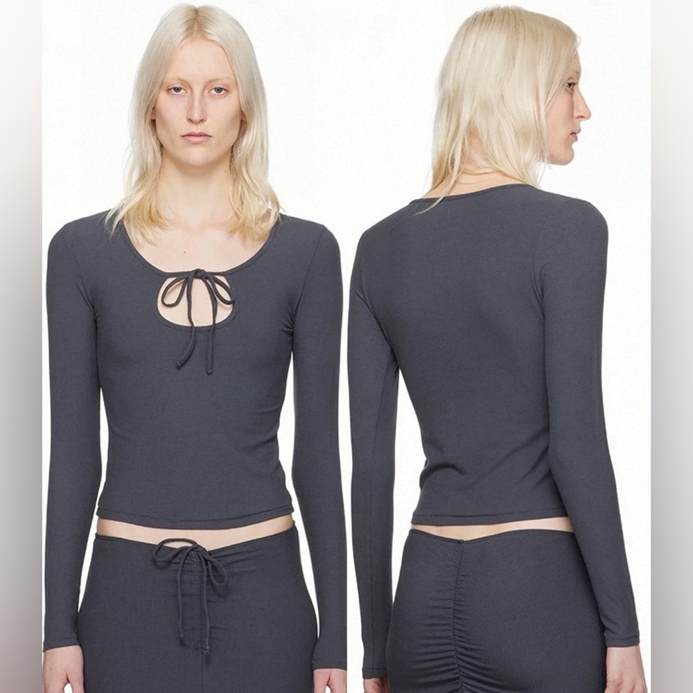 NEW SKIMS Soft Lounge Tie Front Long Sleeve T-Shirt - Graphite Grey